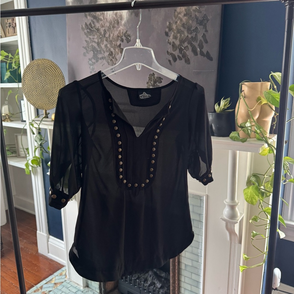 Angie Black Sheer Blouse with Button Accents